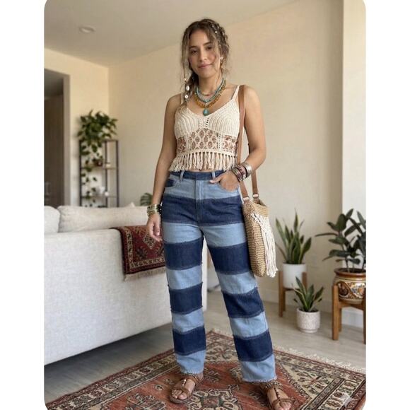 Unbranded Denim - Jeans Women’s Blue Y2K Patchwork Size L High Rise Frayed Straight Leg Raw Hem